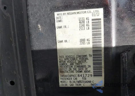 2012 Nissan Maxima 3.5 Sv from USA, damaged, VIN 1N4AA5APXCC841729